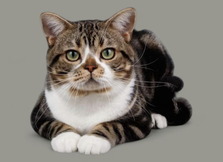 An American Shorthair cat with brown and white classic tabby coloring laying down with head up and paws together neatly. - Brown and White Classic Tabby Artemisiacate
