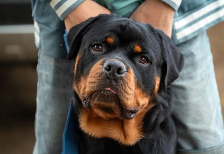A Rottweiler sitting and facing forward, being held from behind by a pet owner in jeans.