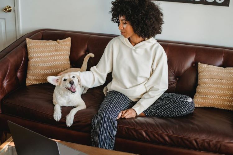 Female pet owner in a white hoodie and striped pants sitting on a brown couch with a white dog.
