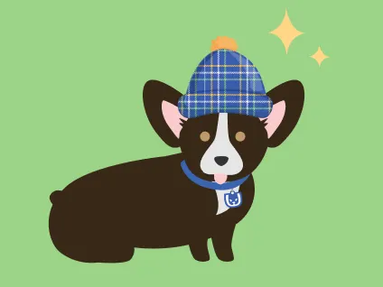 Illustrated dog in a blue hat.