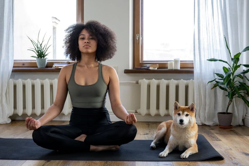 A female pet owner doing yoga on a mat next to her dog at home for exercise.